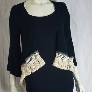 Black + White Boho Embroidery Fringe Bell Sleeve